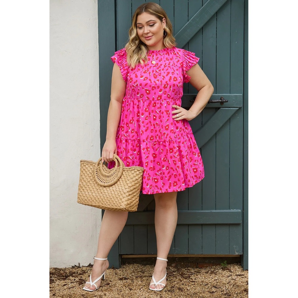 Jodifl Dress Womens 2X Pink Red Animal Print Ruffle Sleeve Tiered Polyester Plus - Picture 3 of 15